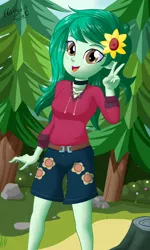 Size: 2160x3600 | Tagged: safe, artist:horsecat, wallflower blush, equestria girls, female, flower, flower in hair, forest, high res, looking at you, open mouth, peace sign, rock, solo, tree stump