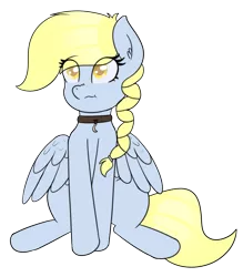 Size: 1387x1582 | Tagged: safe, artist:eyeburn, derpibooru import, oc, oc:windswept skies, unofficial characters only, pegasus, pony, braid, charm, collar, cute, female, image, looking at you, mare, not cute, png, rule 63, scrunchy face, simple background, sitting, solo, spread wings, transparent background, wings