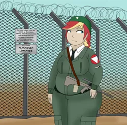 Size: 1024x1008 | Tagged: angela merkel, artist:chubbystuck-lover, assault rifle, austria, barbed wire, bbw, beret, border, chubby, clothes, europe, fat, fence, german, gun, hat, human, humanized, humanized oc, necktie, obese, oc, oc:reinna vorau, overweight, politics, racism, remove kebab, rifle, safe, sling, soldier, solo, steyr aug, stronk, uniform, unofficial characters only, weapon