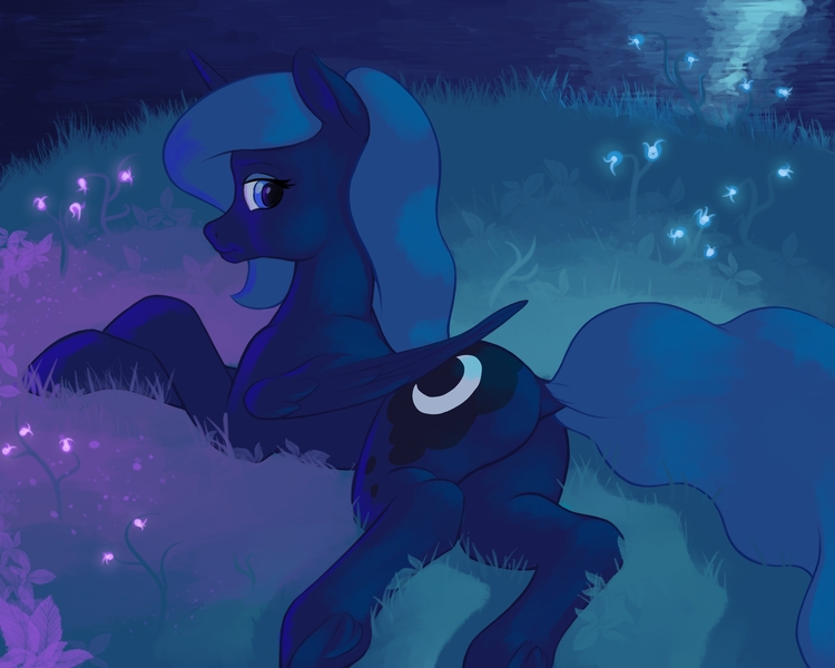 Size: 2500x2000 | Tagged: safe, artist:escdev, princess luna, alicorn, pony, butt, dock, female, flower, frog (hoof), high res, lying down, mare, moonbutt, night, plot, profile, prone, redraw, solo, underhoof, water