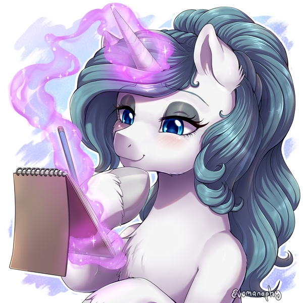 Size: 2000x2000 | Tagged: safe, artist:evomanaphy, paywalled source, oc, oc:silk lace, unofficial characters only, unicorn, abstract background, blushing, drawing, eyeshadow, horn, magic, makeup, paper, pencil, raised hoof, sketchbook, solo, telekinesis, unicorn oc