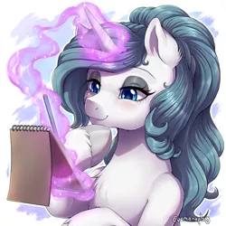 Size: 2000x2000 | Tagged: safe, artist:evomanaphy, paywalled source, oc, oc:silk lace, unofficial characters only, unicorn, abstract background, blushing, drawing, eyeshadow, horn, magic, makeup, paper, pencil, raised hoof, sketchbook, solo, telekinesis, unicorn oc