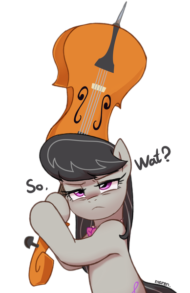 Size: 2286x3524 | Tagged: safe, artist:maren, octavia melody, earth pony, pony, cello, dialogue, female, high res, holding, hoof hold, mare, musical instrument, octavia is not amused, simple background, solo, this will end in pain, threatening, unamused, white background