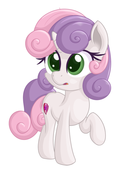 Size: 989x1350 | Tagged: safe, artist:vito, banned from derpibooru, sweetie belle, pony, unicorn, cute, derpibooru dnp artist, female, filly, open mouth, raised hoof, simple background, solo