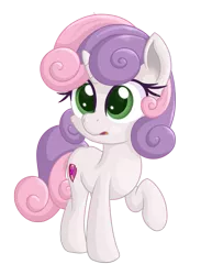 Size: 989x1350 | Tagged: safe, artist:vito, banned from derpibooru, sweetie belle, pony, unicorn, cute, derpibooru dnp artist, female, filly, open mouth, raised hoof, simple background, solo