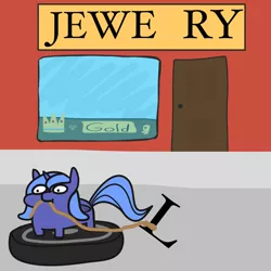 Size: 2048x2048 | Tagged: safe, artist:2merr, princess luna, alicorn, pony, /mlp/, 4chan, crown, drawn on phone, drawthread, female, filly, gold, jewelry, jewelry store, mouth hold, regalia, ring, robbery, roomba, rope, solo, squatpony, style emulation, thief, window, woona, woonoggles, younger, 👌