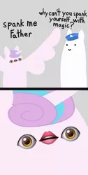 Size: 679x1352 | Tagged: safe, artist:2merr, princess flurry heart, shining armor, alicorn, pony, unicorn, /mlp/, 2 panel comic, 4chan, :), comic, dialogue, drawn on phone, drawthread, duo, father and child, father and daughter, female, gray background, horn, implied spanking, large wings, male, realization, simple background, small horn, smiley face, smiling, wings, 👁👄👁