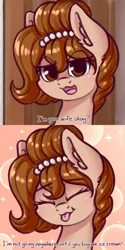 Size: 1024x2048 | Tagged: safe, artist:dsp2003, derpibooru import, oc, oc:brownie bun, unofficial characters only, earth pony, pony, /mlp/, 4chan, :p, abstract background, blushing, comic, cute, female, mare, meme, ocbetes, ponified meme, tongue out