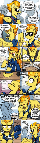 Size: 2525x8880 | Tagged: questionable, artist:selenophile, spitfire, pegasus, pony, annoyed, background characters doing background things, blushing, caught, comic, desperation, dialogue, female, fetish, floppy ears, heart, leaktober, leaktober 2020, lockers, mare, need to pee, need to race like a piss horse, office, omorashi, onomatopoeia, pissing, planner, potty emergency, potty time, soiled, speech bubble, sunglasses, text, thought bubble, to do list, urine, watersports, wet pants, wetting, whistle, wonderbolts, yelling