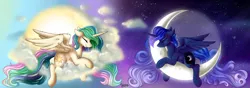 Size: 8186x2894 | Tagged: safe, artist:julunis14, princess celestia, princess luna, alicorn, pony, alternate hairstyle, anniversary art, cloud, day, eyes closed, female, happy birthday mlp:fim, missing accessory, mlp fim's tenth anniversary, moon, night, royal sisters, siblings, sisters, sun