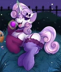 Size: 1500x1750 | Tagged: suggestive, artist:shadowreindeer, sweetie belle, pony, unicorn, bedroom eyes, butt, candy, chest fluff, choker, clothes, cute, cute little fangs, dock, fangs, female, food, garters, glowing horn, halloween, holiday, horn, lying down, magic, mare, mole, one eye closed, open mouth, plot, socks, solo, solo female, stockings, sweetie butt, telekinesis, thigh highs, tongue out, underhoof, wink