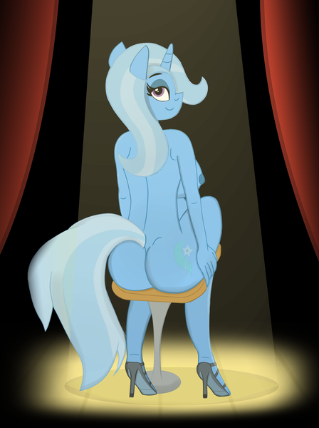 Size: 2400x3213 | Tagged: questionable, artist:malleymall, trixie, anthro, unicorn, ass, bedroom eyes, blue hair, blue tail, breasts, busty trixie, butt, chair, clothes, cutie mark, eyelashes, female, high heels, high res, horn, image, light, looking at you, looking back, looking back at you, looking over shoulder, multicolored hair, multicolored tail, nipples, nudity, png, purple eyes, shoes, shoes only, sitting, smiling, solo, solo female, stage, tail, the great and powerful ass