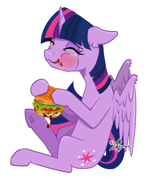 Size: 1024x1207 | Tagged: safe, artist:lailyren, twilight sparkle, twilight sparkle (alicorn), alicorn, pony, blushing, burger, crying, cute, eating, female, food, hay burger, image, ketchup, lettuce, majestic as fuck, mare, messy eating, onion, png, sauce, solo, tears of joy, that pony sure does love burgers, tomato, twiabetes