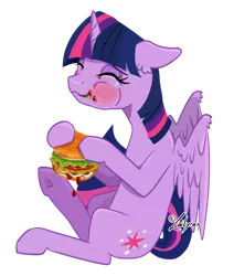 Size: 1024x1207 | Tagged: safe, artist:lailyren, twilight sparkle, twilight sparkle (alicorn), alicorn, pony, blushing, burger, crying, cute, eating, female, food, hay burger, image, ketchup, lettuce, majestic as fuck, mare, messy eating, onion, png, sauce, solo, tears of joy, that pony sure does love burgers, tomato, twiabetes