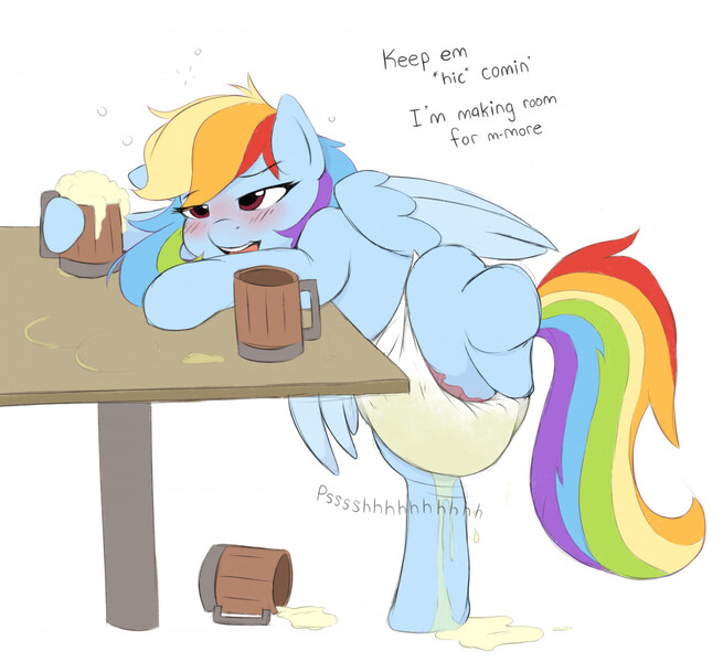 Size: 1280x1173 | Tagged: questionable, artist:messyszop, rainbow dash, pegasus, pony, blushing, cider, diaper, diaper fetish, drunk, drunker dash, female, fetish, leaking, mare, non-baby in diaper, pissing, simple background, urine, wet diaper