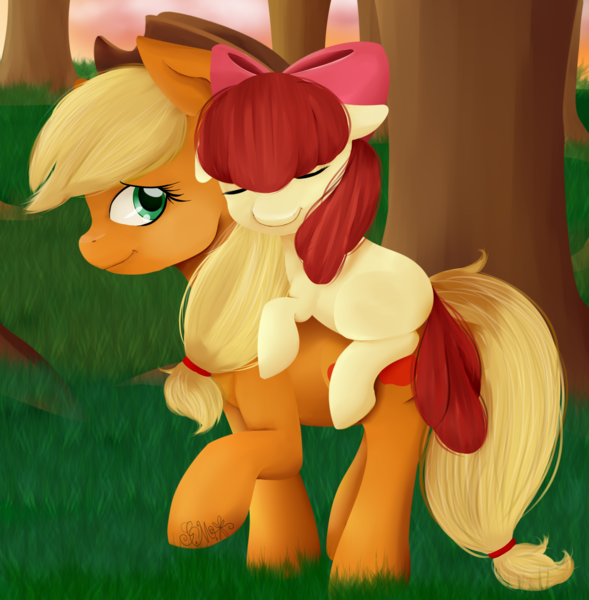 Size: 1760x1792 | Tagged: safe, artist:grace-likes-cake, derpibooru import, apple bloom, applejack, earth pony, pony, adorabloom, apple bloom riding applejack, apple sisters, blank flank, cute, female, filly, image, jackabetes, mare, png, ponies riding ponies, riding, siblings, sisters, sleeping