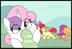 Size: 2546x1740 | Tagged: safe, artist:chaosllama, derpibooru import, apple bloom, scootaloo, sweetie belle, earth pony, pegasus, pony, unicorn, adorabloom, clothes, cute, cutealoo, cutie mark crusaders, diasweetes, elephant trunk, eye clipping through hair, face down ass up, foal, image, outdoors, playing, png, silly, silly pony, socks, striped socks, trio, you're doing it wrong