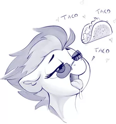 Size: 1636x1757 | Tagged: suggestive, artist:dimfann, spitfire, pegasus, pony, bust, drool, ear fluff, female, floppy ears, food, heart, mare, monochrome, open mouth, portrait, solo, taco, text, tongue out