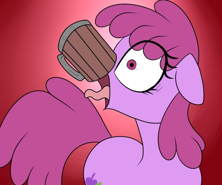 Size: 1200x1000 | Tagged: safe, artist:datte-before-dawn, berry punch, berryshine, earth pony, pony, female, floppy ears, looking at you, mare, open mouth, screaming, shrunken pupils, solo, tankard, tongue out