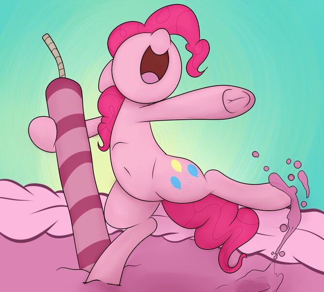 Size: 2000x1800 | Tagged: safe, artist:datte-before-dawn, pinkie pie, earth pony, pony, bipedal, birthday, birthday cake, cake, candle, dancing, female, food, frog (hoof), giant cake, gift art, mare, open mouth, underhoof
