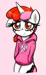 Size: 1030x1684 | Tagged: safe, artist:jetwave, oc, oc:righty tighty, unofficial characters only, pony, unicorn, bipedal, clothes, female, floppy ears, gift art, heart, hoodie, horn, looking at you, mare, pink background, simple background, smiling
