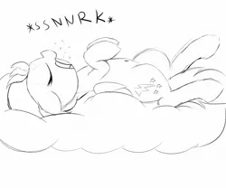 Size: 1200x1000 | Tagged: safe, artist:datte-before-dawn, lightning dust, pegasus, pony, cloud, eyes closed, female, mare, on a cloud, on back, open mouth, sketch, sleeping, sleeping on cloud, snoring, solo, wings