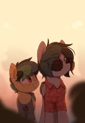 Size: 1106x1600 | Tagged: safe, artist:shinodage, oc, oc:apogee, oc:delta vee, unofficial characters only, pegasus, pony, aviators, clothes, cute, ear freckles, eye clipping through hair, female, filly, freckles, glasses, hawaiian shirt, mare, mother and child, mother and daughter, shirt, smiling, sunglasses, wings