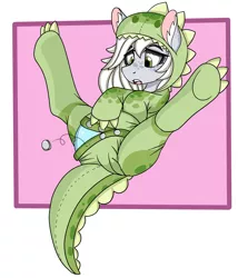 Size: 4153x4858 | Tagged: suggestive, artist:cuddlelamb, oc, oc:fossil fluster, unofficial characters only, earth pony, pony, adult foal, animal costume, clothes, costume, diaper, diaper fetish, dinosaur costume, female, fetish, kigurumi, mare, onesie, poofy diaper, simple background, solo