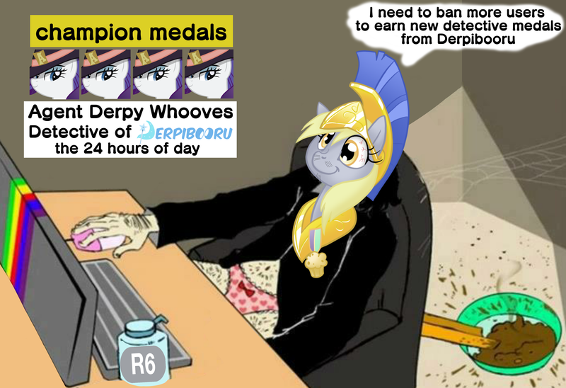 Size: 4000x2738 | Tagged: artist:thomas müller, clothes, computer, computer mouse, derpibooru, dialogue, fetish, grotesque, keyboard, male, medals, meta, oc, oc:detective derpy whooves, poop, scat, unofficial characters only