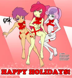 Size: 2000x2160 | Tagged: suggestive, artist:oldskullkid, banned from derpibooru, apple bloom, scootaloo, sweetie belle, human, equestria girls, child, christmas, holiday, lolicon, ribbon bikini, underage, young