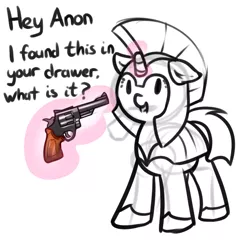Size: 596x578 | Tagged: safe, artist:neuro, oc, unofficial characters only, pony, unicorn, armor, female, floppy ears, guardsmare, gun, handgun, image, magic, mare, no trigger discipline, png, revolver, royal guard, telekinesis, text, this will end in pain, unsafe weapon handling, weapon
