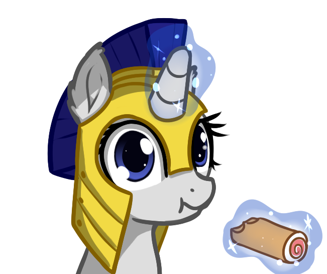 Size: 651x545 | Tagged: safe, artist:neuro, oc, unofficial characters only, pony, unicorn, armor, cake, eating, female, food, guardsmare, horn, looking at you, magic, mare, royal guard, solo, swiss roll, telekinesis