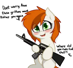 Size: 935x874 | Tagged: safe, artist:neuro, oc, oc:brave, unofficial characters only, earth pony, pony, blushing, female, guardsmare, gun, implied anon, mare, rifle, royal guard, smiling, solo, text, weapon