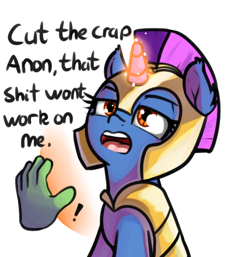 Size: 512x529 | Tagged: safe, artist:neuro, oc, oc:anon, unofficial characters only, human, pony, unicorn, annoyed, armor, boop denied, dialogue, disembodied hand, female, force field, guardsmare, hand, helmet, horn, lidded eyes, magic, mare, open mouth, royal guard, simple background, transparent background, vulgar