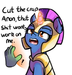 Size: 512x529 | Tagged: safe, artist:neuro, oc, oc:anon, unofficial characters only, human, pony, unicorn, annoyed, armor, boop denied, dialogue, disembodied hand, female, force field, guardsmare, hand, helmet, horn, lidded eyes, magic, mare, open mouth, royal guard, simple background, transparent background, vulgar