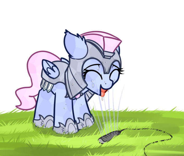 Size: 944x801 | Tagged: safe, artist:neuro, oc, unofficial characters only, crystal pony, pegasus, pony, armor, crystal guard, crystal guard armor, cute, eyes closed, female, floppy ears, grass, guardsmare, happy, helmet, mare, open mouth, royal guard, simple background, solo, sprinkler, tongue out, transparent background, water, wet, wings