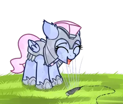 Size: 944x801 | Tagged: safe, artist:neuro, oc, unofficial characters only, crystal pony, pegasus, pony, armor, crystal guard, crystal guard armor, cute, eyes closed, female, floppy ears, grass, guardsmare, happy, helmet, mare, open mouth, royal guard, simple background, solo, sprinkler, tongue out, transparent background, water, wet, wings