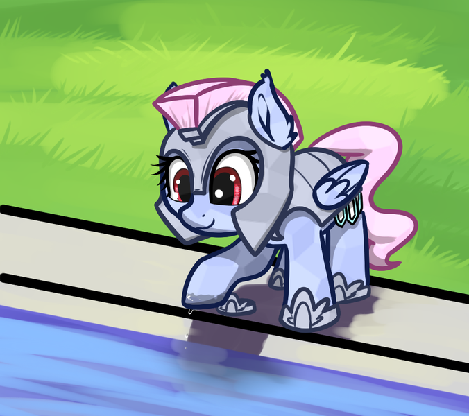 Size: 957x849 | Tagged: safe, artist:neuro, oc, unofficial characters only, crystal pony, pegasus, pony, armor, crystal guard, crystal guard armor, cute, female, grass, guardsmare, helmet, mare, poolside, royal guard, smiling, solo, swimming pool, wet, wings