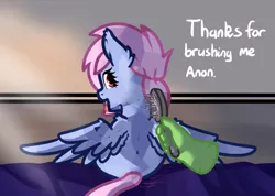 Size: 961x685 | Tagged: safe, artist:neuro, oc, oc:anon, unofficial characters only, crystal pony, human, pegasus, pony, bed, blanket, brush, brushie, dialogue, disembodied hand, female, hairbrush, hand, looking back, male, mare, open mouth, sitting, spread wings, tongue out, wings