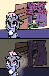 Size: 755x1165 | Tagged: safe, artist:neuro, derpibooru import, oc, unofficial characters only, crystal pony, ghost, ghost pony, pegasus, pony, undead, zombie, 2 panel comic, armor, blood, blood moon, boarded door, comic, crystal guard, crystal guard armor, curtains, dialogue, door, female, floppy ears, guardsmare, helmet, image, implied anon, mare, moon, night, offscreen character, open mouth, pillow armor, png, royal guard, scared, scrunchy face, shivering, shrunken pupils, sweat, window, wingless