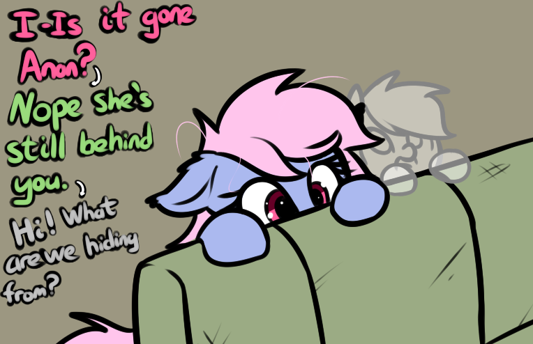 Size: 764x494 | Tagged: safe, artist:neuro, oc, unofficial characters only, crystal pony, ghost, ghost pony, pegasus, pony, undead, couch, cute, dialogue, female, floppy ears, hiding, implied anon, mare