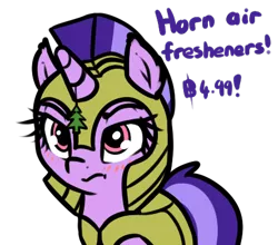 Size: 456x402 | Tagged: safe, artist:neuro, oc, unofficial characters only, pony, unicorn, air freshener, annoyed, armor, blushing, female, guardsmare, helmet, mare, royal guard, simple background, transparent background