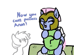 Size: 899x670 | Tagged: safe, artist:neuro, oc, oc:anon, unofficial characters only, crystal pony, ghost, ghost pony, human, pegasus, pony, undead, couch, dialogue, eyes closed, female, guardsmare, helmet, mare, pillow armor, raspberry, riding on head, royal guard, simple background, tongue out, transparent background