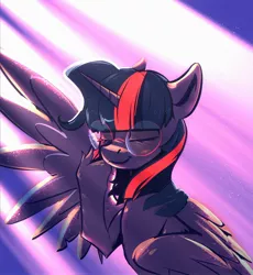 Size: 1920x2087 | Tagged: safe, artist:kerpupu, twilight sparkle, twilight sparkle (alicorn), alicorn, pony, crepuscular rays, eyes closed, female, glasses, hooves, horn, mare, smiling, solo, wings