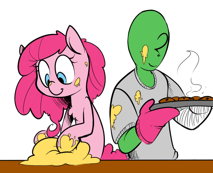Size: 1200x975 | Tagged: alternate hairstyle, artist:whydomenhavenipples, baking, cookie, dough, food, oc, oc:anon, pinkie pie, safe, simple background, smiling, source needed, transparent background, tray