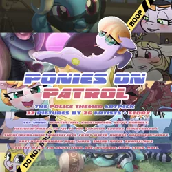 Size: 3000x3000 | Tagged: advertisement, art pack, art pack:ponies on patrol, badge, copper top, cover art, food, hamburglar, lyra heartstrings, march gustysnows, oats, police, police hat, police officer, police tape, police uniform, robot, safe, sweetie belle, sweetie bot, trixie