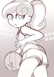 Size: 2550x3600 | Tagged: suggestive, alternate version, artist:fearingfun, banned from derpibooru, sweetie belle, human, basketball, clothes, explicit source, female, gym shorts, humanized, lolicon, open mouth, panties, panty shot, solo, solo female, sports, sweat, underage, underwear