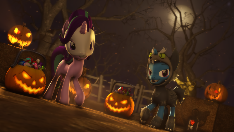 Size: 3840x2160 | Tagged: 3d, animal costume, artist:hexedkaiser, artist:xppp1n, clothes, costume, halloween, hay bale, holiday, moon, pumpkin, safe, sfm pony, skull, source filmmaker, starlight glimmer, trixie, wolf costume