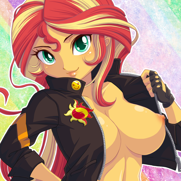 Size: 2000x2000 | Tagged: questionable, artist:uotapo, banned from derpibooru, paywalled source, sunset shimmer, human, equestria girls, blushing, breasts, busty sunset shimmer, clothes, female, image, jacket, looking at you, nipples, nudity, patreon, patreon exclusive, png, simple background, solo