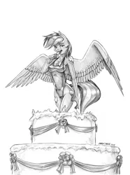 Size: 1000x1343 | Tagged: suggestive, artist:baron engel, rainbow dash, anthro, pegasus, birthday cake, cake, clothes, female, food, frosting, licking, lidded eyes, looking at you, monochrome, one-piece swimsuit, pop out cake, solo, solo female, spread wings, swimsuit, tongue out, traditional art, wings